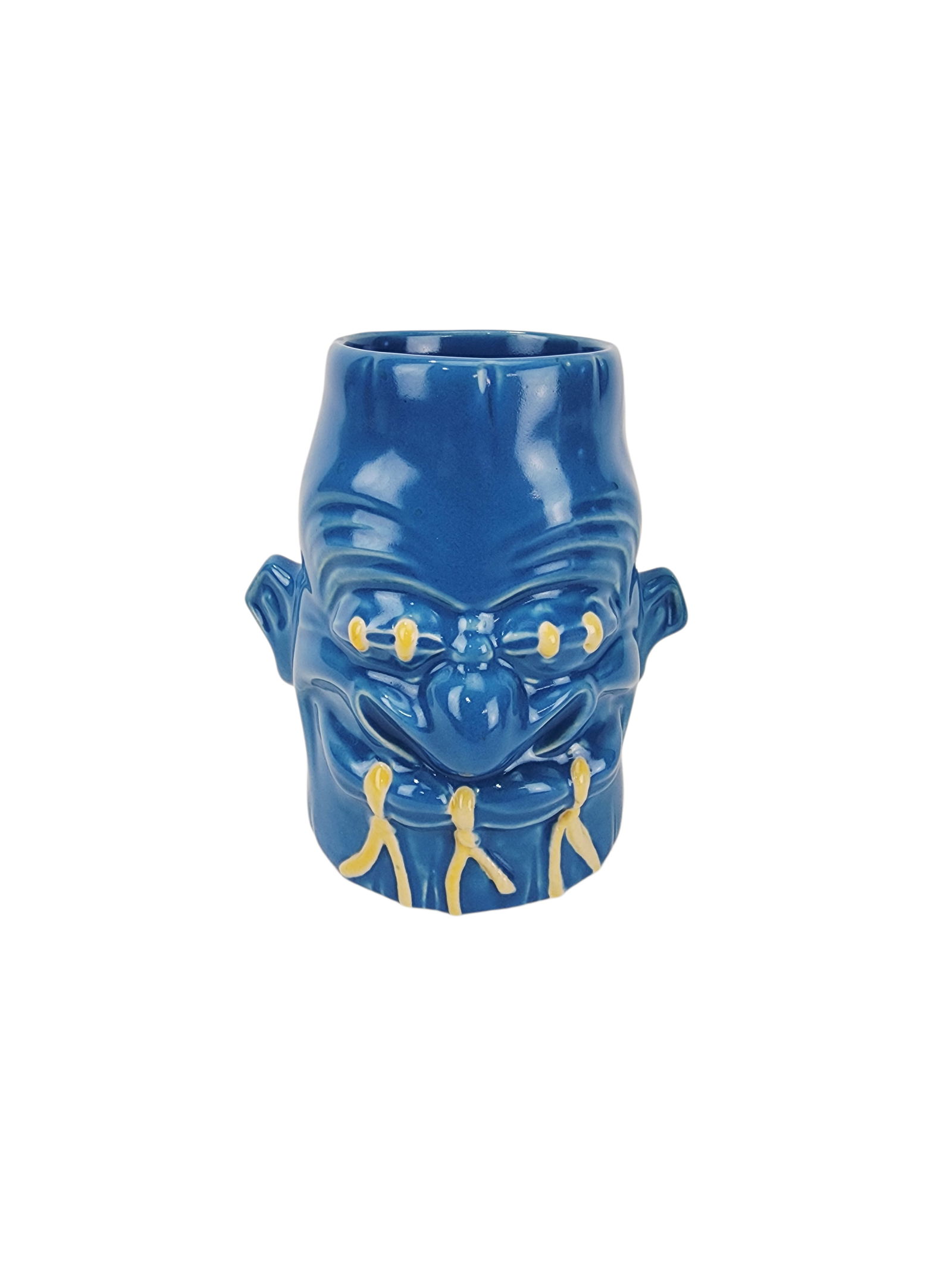 Sam's Shrunken Head Tiki Farm Blue Edition Mug: 2005 Sam's Shrunken Head blue edition designed by Sam Gambino for Tiki Farm Measures 5" x 5" x 3 1/2".