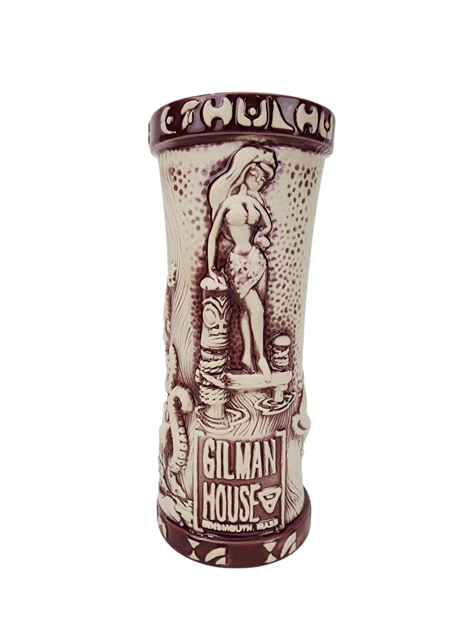 Innsmouth Fogcutter Horror in Clay, 2nd Edition Tiki Mug: 2017 2nd Edition purple, Horror in Clay Tiki Mug with Nude Figure sculpted by Wendy Cevola for Tiki Farm at Gilman House, Mass. Measures 8 1/2" x 3 5/8".