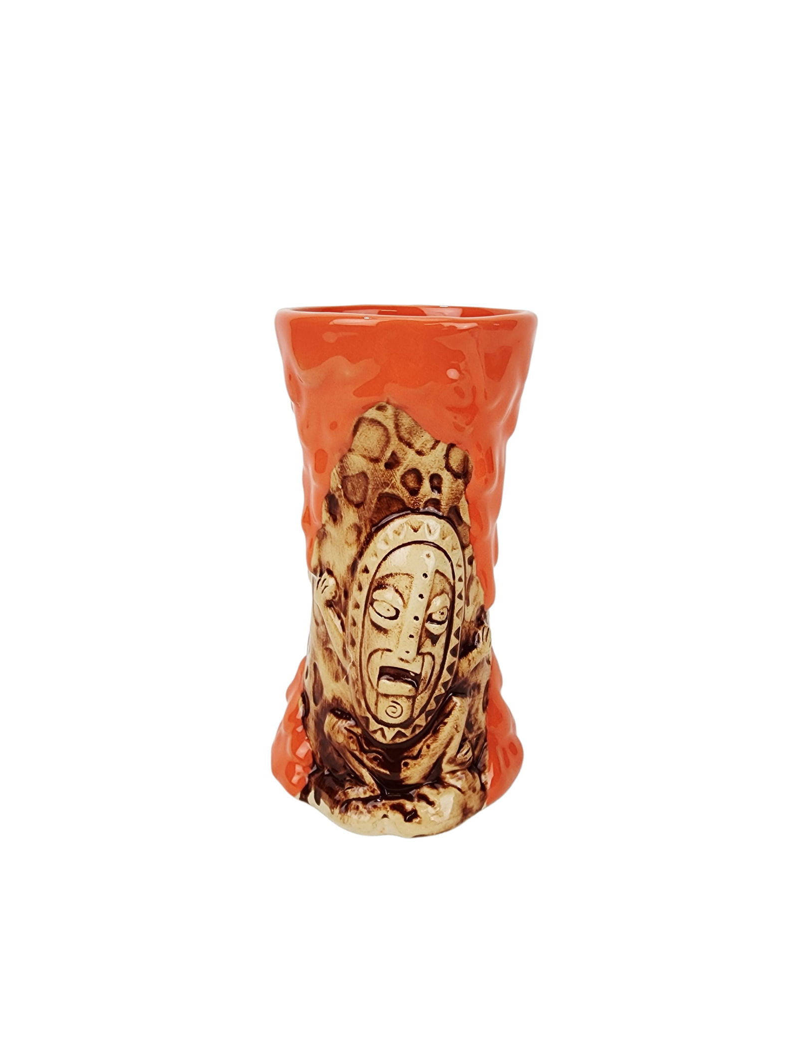 Disney Trader Sam's Enchanted Tiki Bar Orange Krakatoa Tiki Mug: 2nd edition Walt Disney, Trader Sam's Gro Grotto Enchanted Tiki mug in orange. Measures 6 1/2" x 3 5/8" x 3 3/4".
