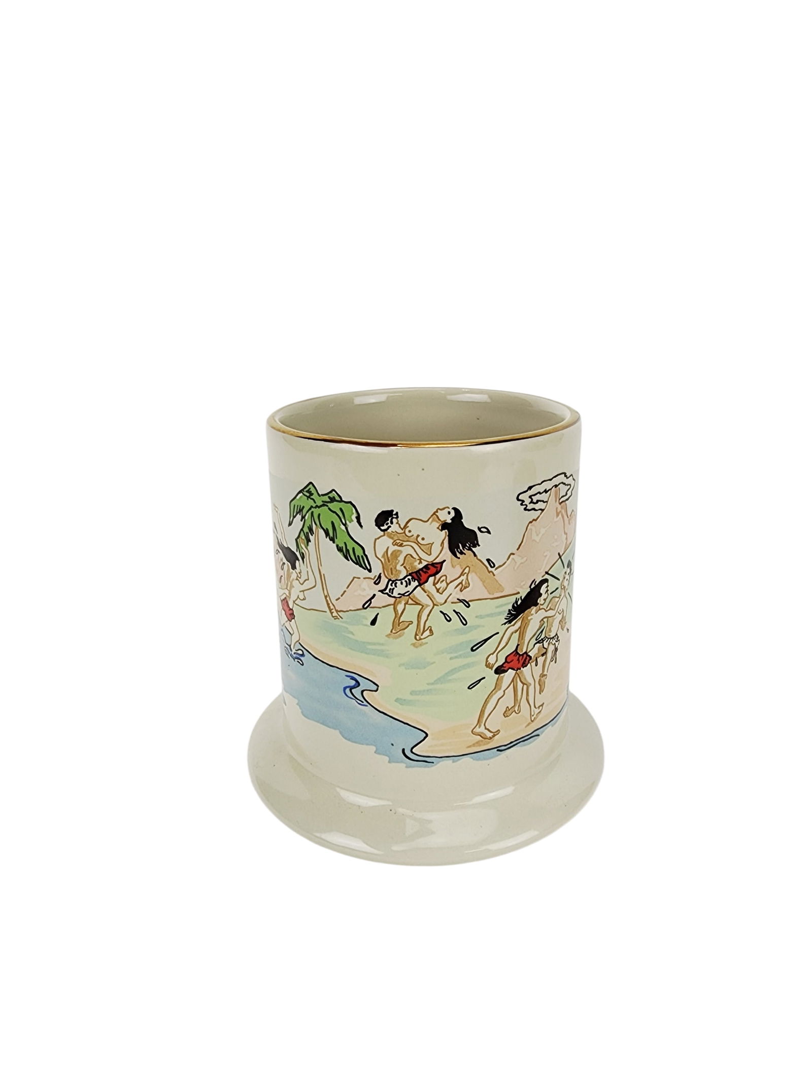 Trader Vic's 1963 Honi Honi Mug: Playful erotic beach scene clear glaze bottom edition 1963 Trader Vic's Honi Honi Tiki Mug. Measures 4 1/8" x 4 1/8" x 3" opening.