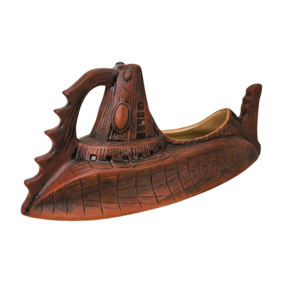 Disney Nautilus, Trader Sam's Grog Grotto 3rd Edition Boat Tiki Mug: Disney's 20,000 Leagues Under the Sea Captain Nemo's Nautilus reservoir Tiki Mug 3rd edition. Designed and sculpted by Tim Wollweber for Tiki Farms. Sold at Trader Sam's Grog Grotto in Disney. Measure