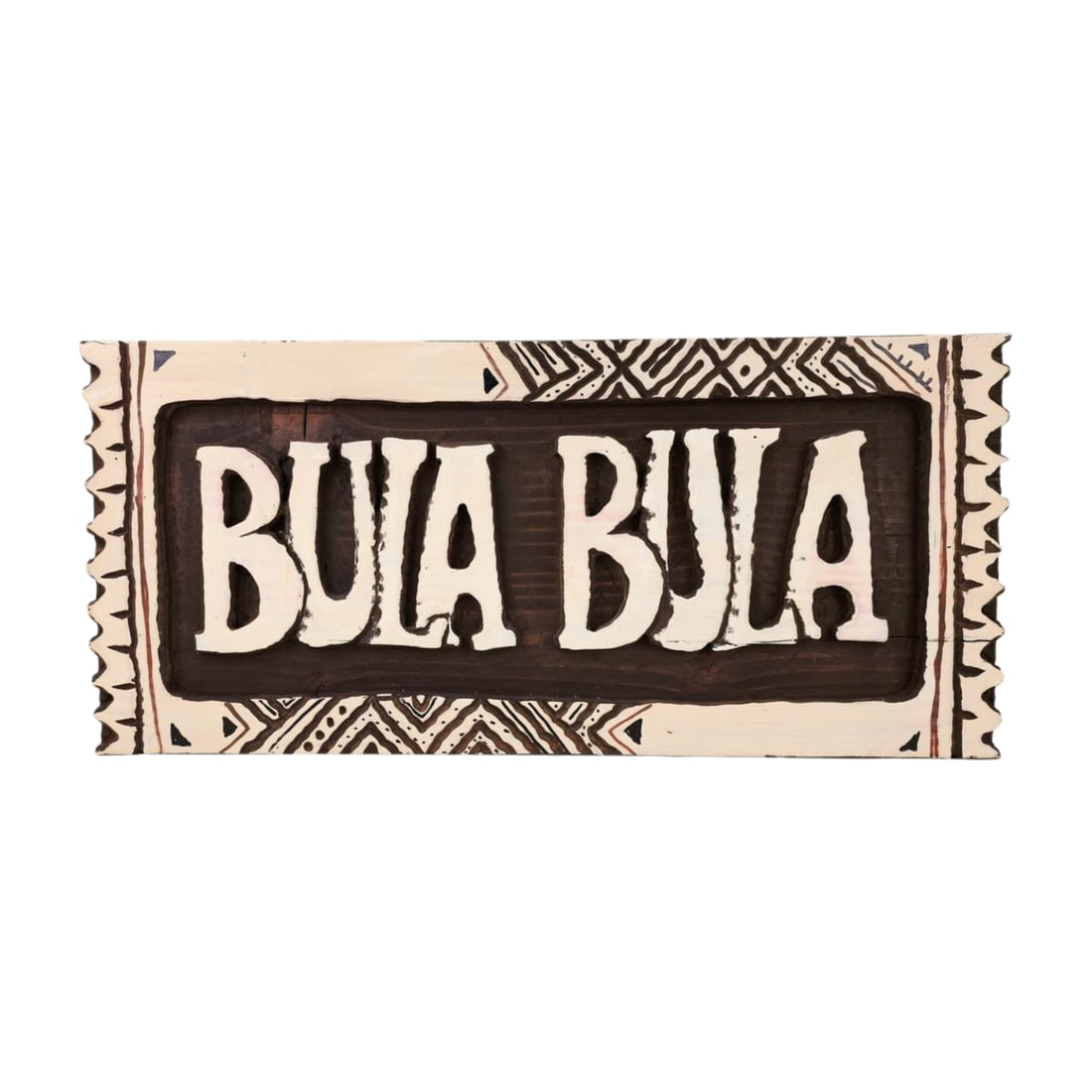 Oceanic Arts Bula Bula Fiji Wood Carved Sign: Bula Bula, a warm greeting or toast in Fijian. Wood carved sign wall plaque Purchased from Oceanic Arts, Whittier, Ca. Measures 11 1/4" x 24 1/2" x 1 3/4".