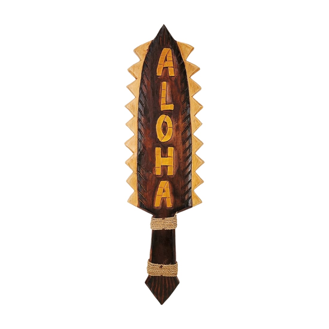Aloha Sign Warrior Chief Lei O Mano Design: Aloha war club replica sign after Warrior Chief Lei O Mano. Measures 21" x 6" x 1".
