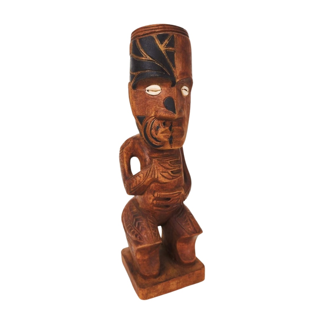 Maori Tiki Statue Wood Carving Tekoteko: Vintage Tekoteko wood carved Maori statue with shell inlay eyes and decorated face. Measures 11 3/4" x 3 3/4" x 3 5/8".
