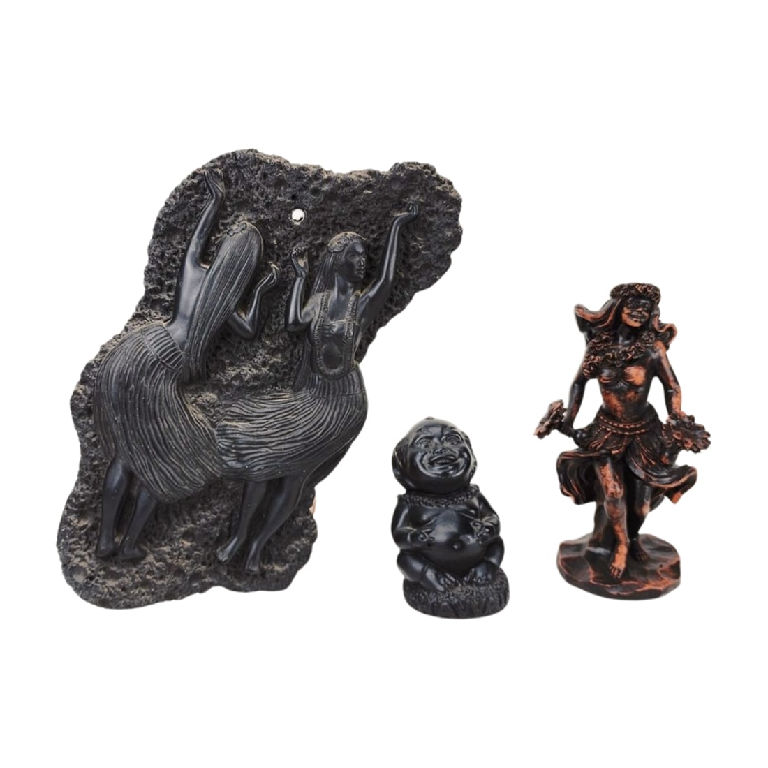 Coco Joe & Hawaiian Lava Rock Souvenirs: Group of crushed lava rock and resin Hawaiian souvenirs including a small Coco Joe's figure. Measure 4" to 10".