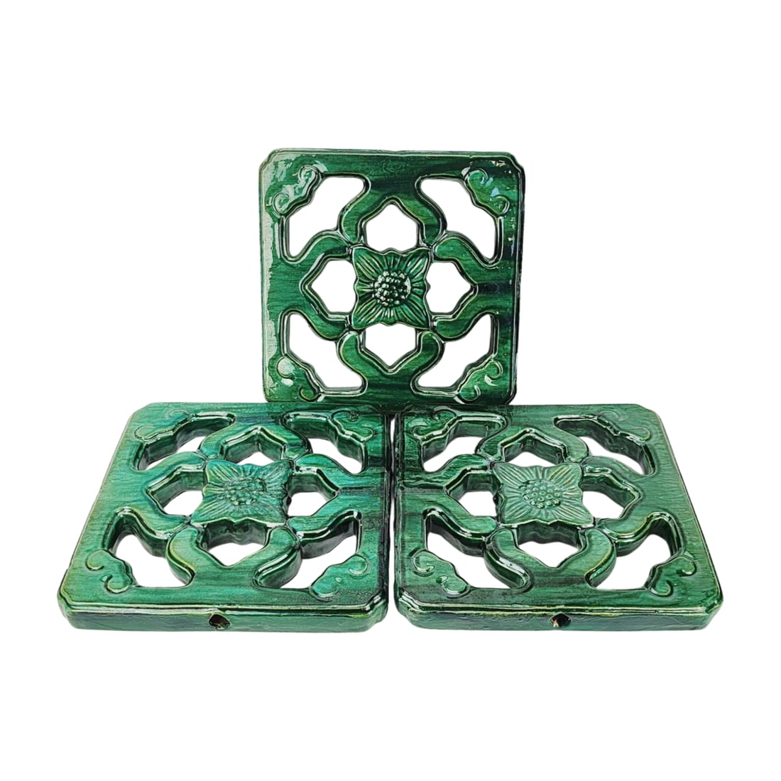 Lot of 3 Antique Jade Green Ceramic Chinese Breezeway Tiles (1 of 5)