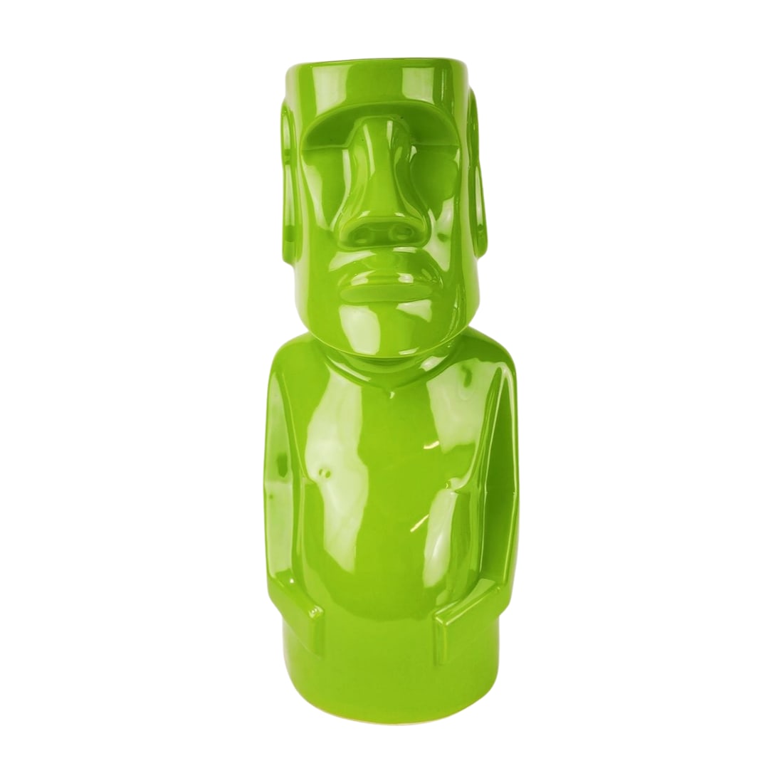 Easter Island Tiki Moai Ceramic Statue: Modern green glaze ceramic Tiki Moai sculpture by unknown maker. Measures 19 1/4" x 8 1/2" x 8 1/4".