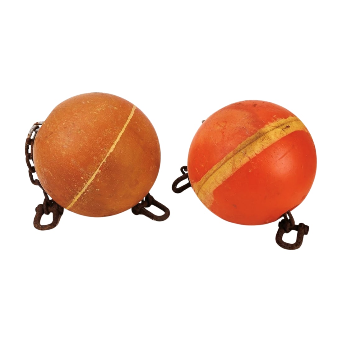 Two Vintage Trawl Net Buoy Marker Balls: Two vintage composite plastic nautical buoy marker balls by Trawl Net. Measure 8" diameter each.