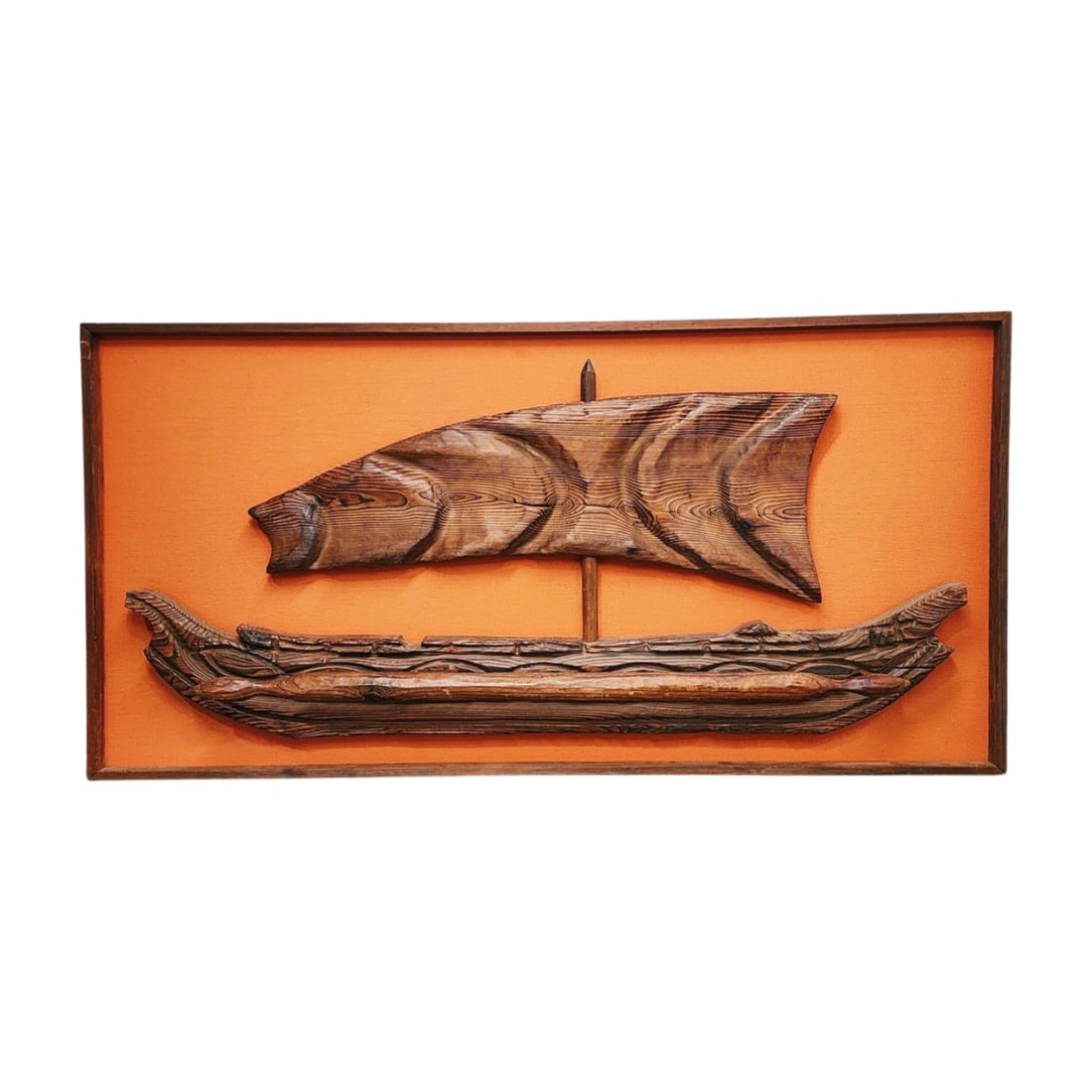 Mid Century WITCO Outrigger Wall Sculpture: Large mid century wall hanging cedar wood carved sculpture by Witco (Outrigger) mounted on orange canvas with original frame. Measures 30 1/8" x 60" x 7" deep.