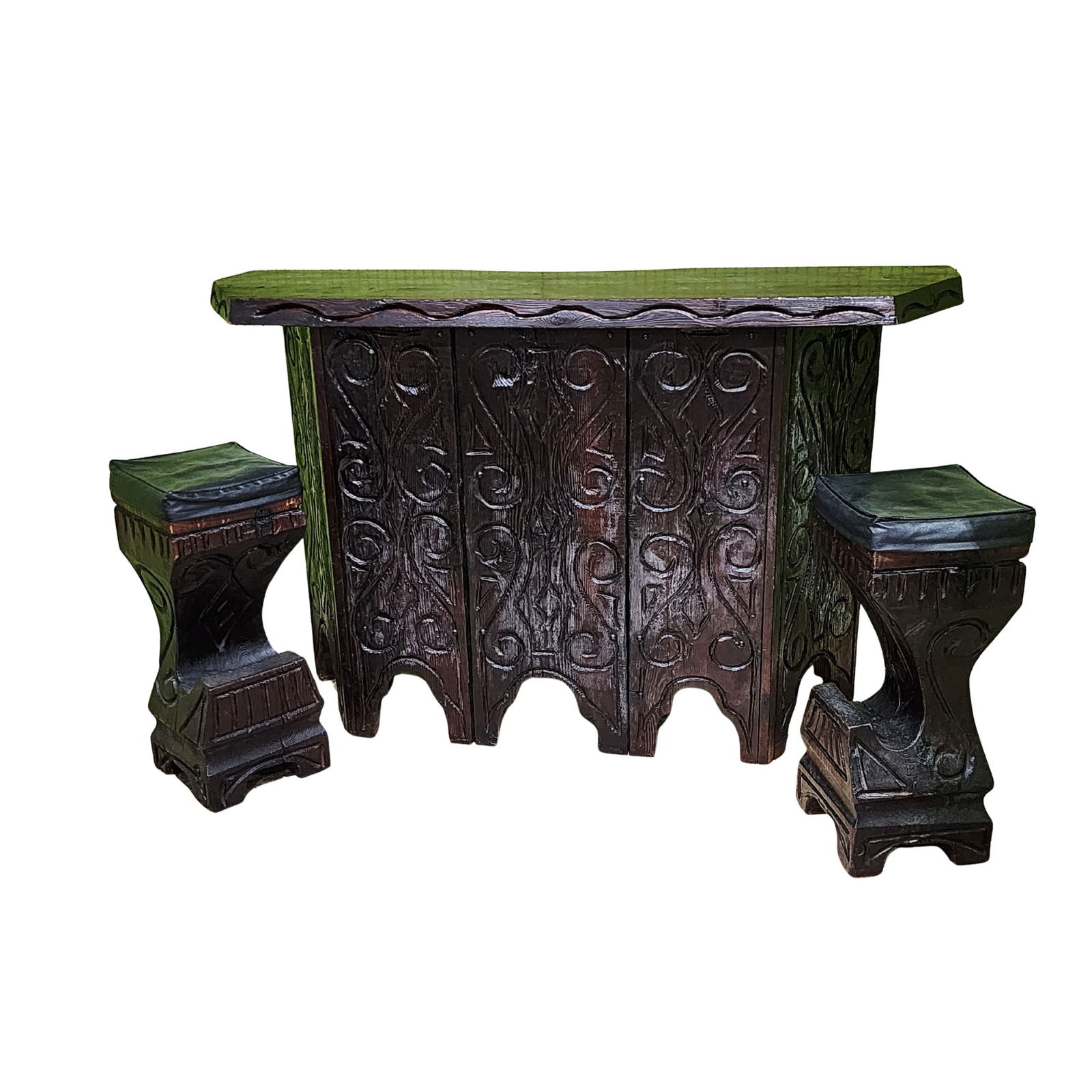 WITCO Hacienda Bar w/ 2 Stools by William Westenhaver: Vintage mid century tiki "Hacienda" bar designed by William Westenhaver for WITCO. Made of cedar wood with carved details and detachable bar top. Stools have black vinyl cushions. Measures (Bar) 42