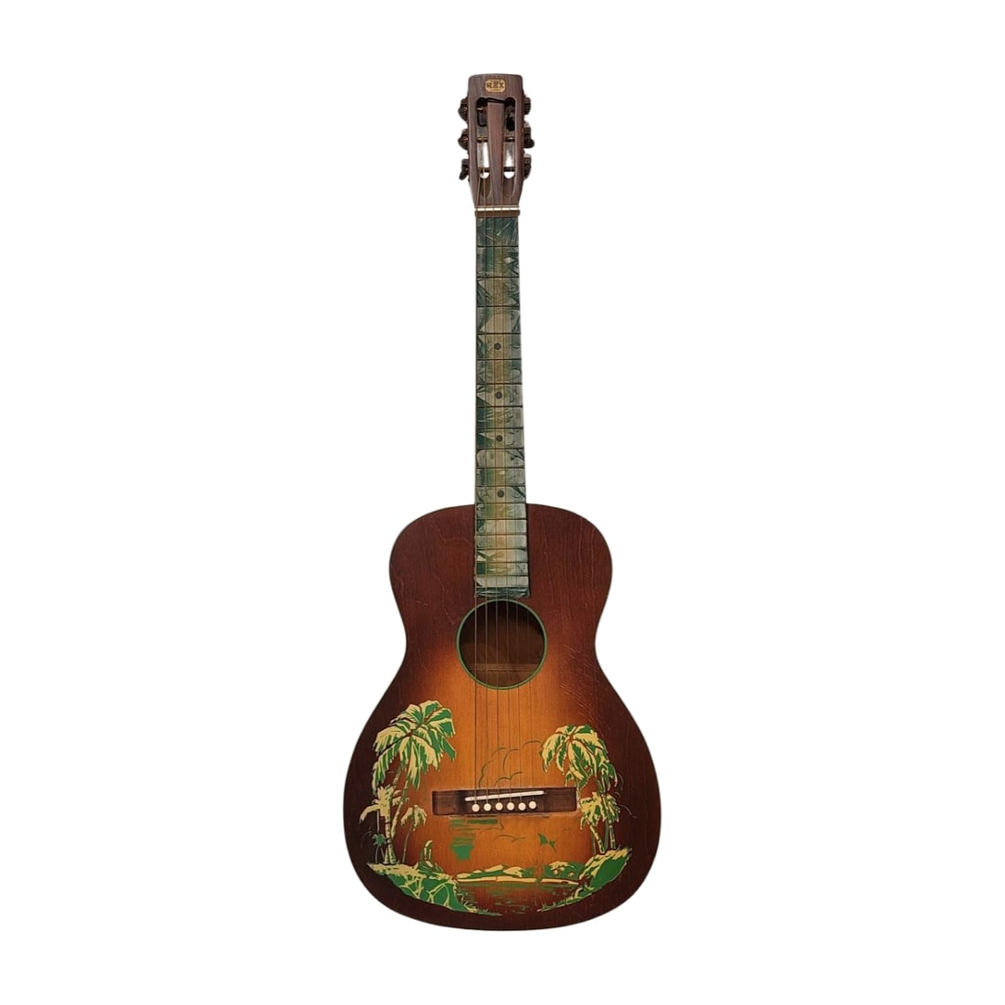Mid Century Rex Hawaiian Stencil Guitar: Vintage Mid century Era tropical Hawaiian scene stencil guitar by REX. Measures 36" x 13 1/4".