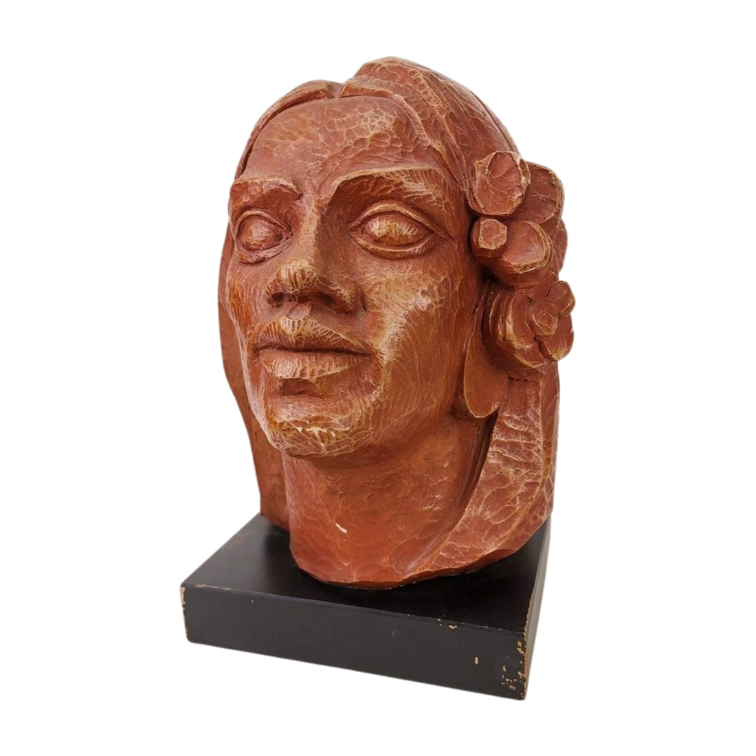 Vintage Austin Productions Hawaiian Girl Bust Sculpture: Vintage mid century Austin Productions plaster head bust sculpture of a Hawaiian girl with flowers in her hair. Stamped on backside 1963. Mounted on wood base. Measures 15" x 10" x 11".