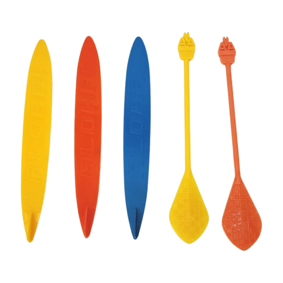 Vintage Hawaiian American Airlines Canoe & Surfboard Aloha Cocktail Swizzle Stick Stirrers: Group of vintage multi-color swizzle stick cocktail stirrers in the shape of surfboards and canoe paddles for American Airlines. Measure 6" to 6 1/4" each.