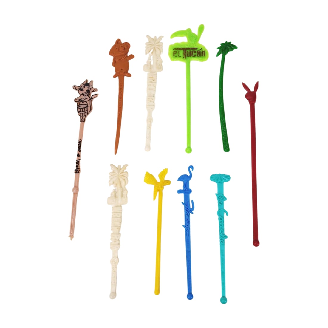 Group of Vintage Cocktail Swizzle Stick Tropical Hawaiian Stir Sticks: Group of various complementary tropical travel Hawaiian vintage cocktail stir sticks. Includes hotel, palm tree and bird shapes. Measure 6" to 8" each.