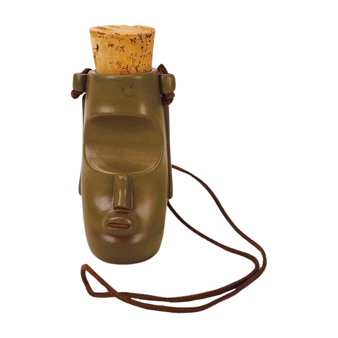 Munktiki Canteenki Moai Head Tiki Mug Vessel w/ Cork: Matte finish Munktiki Canteenki Moai head mug vessel with cork and strap. Measures 6 1/2" x 3".