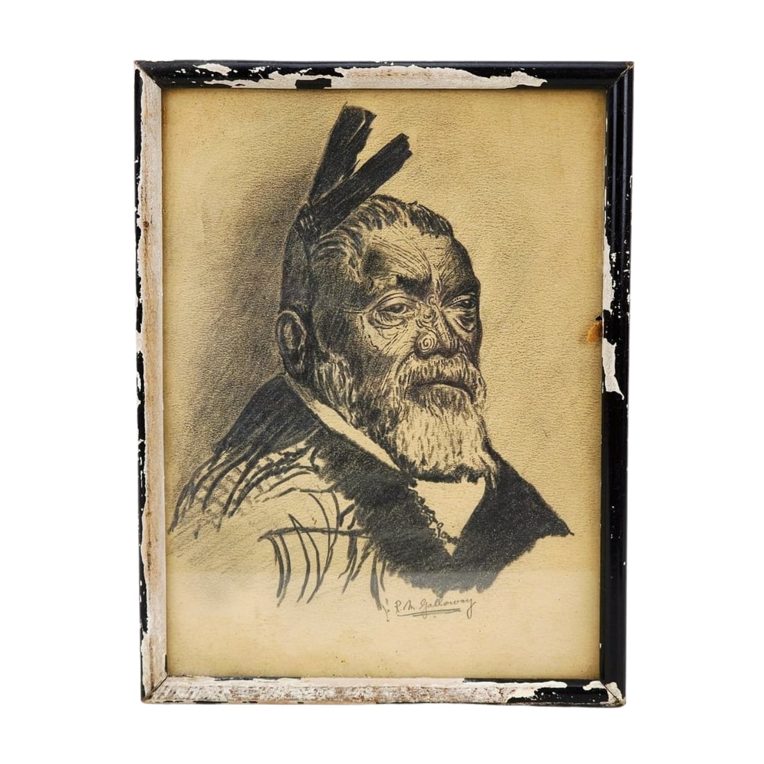 Maori Chief Hirawanu Drawing by R.M. Galloway Early 1900's: Graphite drawing on paper of Maori Chief Hirawanu with traditional face tattoos by R.M. Galloway. Measures 6 3/4" x 8 5/8" total with frame.