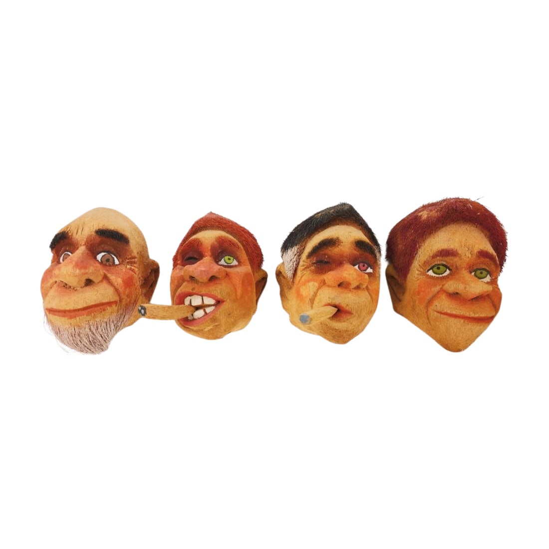 Group of 4 Vintage Hand Carved Coconut Cigar Smoking Heads (1 of 6)