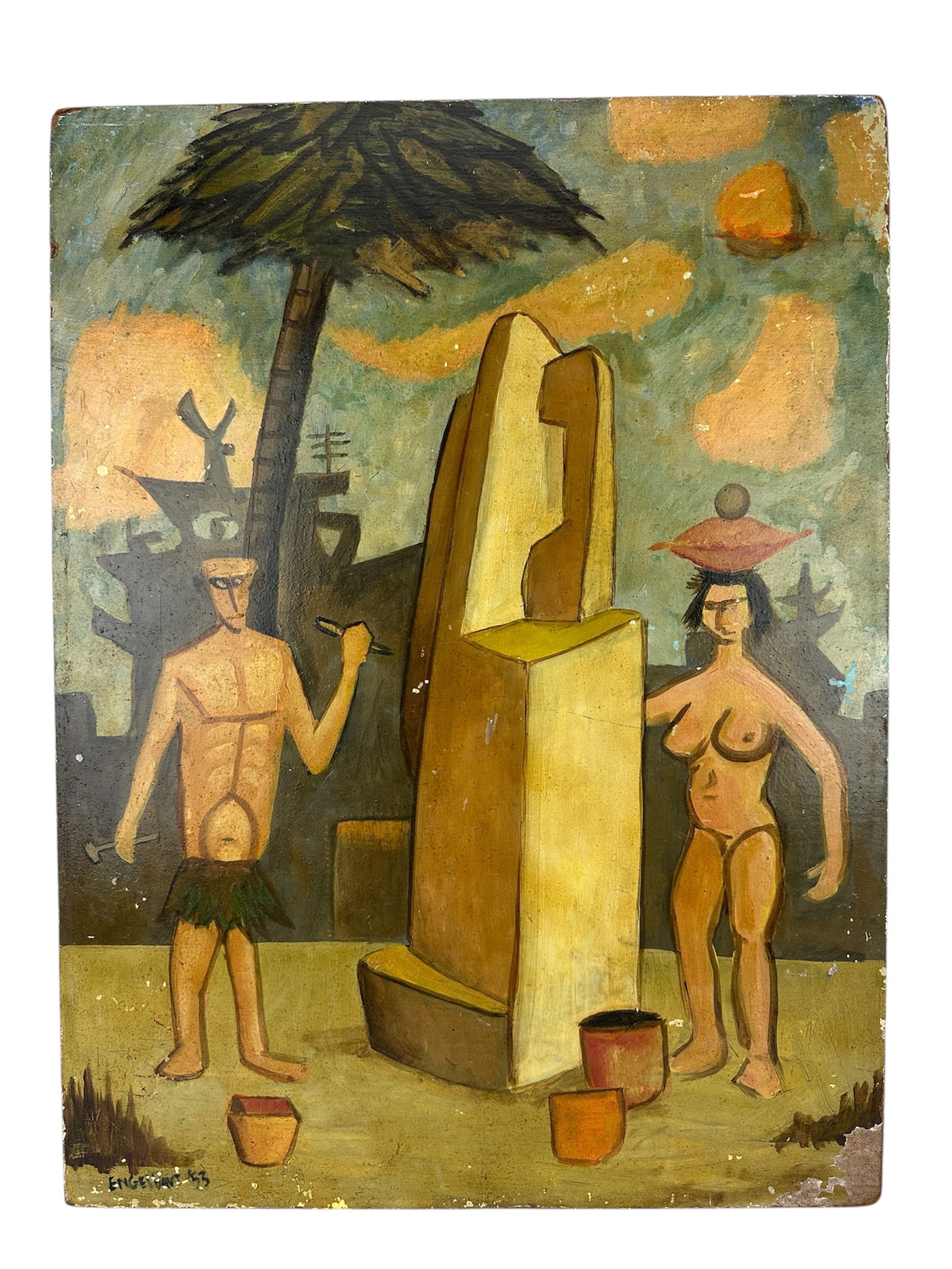 Mid Century Caveman & Woman Modern Sculpture Painting 1953: Original mid century painting on board. Signed Engelbart '53. Features nude couple carving a large cubist stone sculpture. Measures 18"x24".