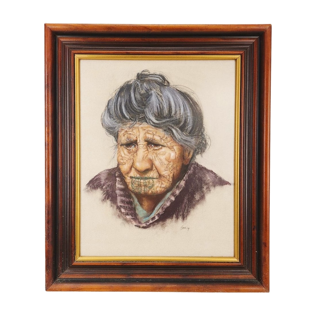 Vintage Maori Woman Moko Face Tattoo Original Pastel Portrait Signed: Vintage 1984 pastel portrait of an elderly Maori tribal woman with traditional Moko tattoos. Detailed and expressive Art by artist signed Crow, lower right. Measures 17 1/2" x 21" total with frame and