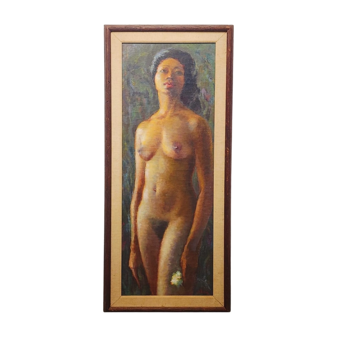 Vintage Full Nude Art Polynesian Woman Canvas Painting 1940's: Vintage 1940's canvas painting of a fully nude Polynesian Woman by unknown artist, signed lower right. Koltnow Gallery label on backside. Measures 20 3/8 "x 45 1/2" total with 15 1/8" x 40 1/8" canvas