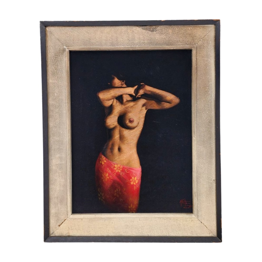 'Charito Solis' Airbrush Velvet Nude Art Painting by Carmen Sariano: Vintage mid century airbrush nude art painting on velvet by Carmen Sarioano for the 1967 Montreal Art Expo. Nude portrait is of Rosario Violeta Hernandez Solis (1935-1998). Measures 25" x 31" total wi