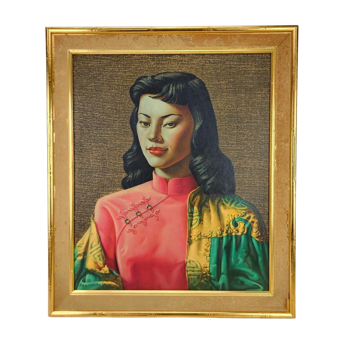 Vintage Tretchikoff 'Miss Wong' Framed Print: Vintage mid century textured print of "Miss Wong" on board with frame by Vladimir Tretchikoff. Measures 24 1/4 "x 28 1/4" total with frame and 20" x 24" cardboard print.