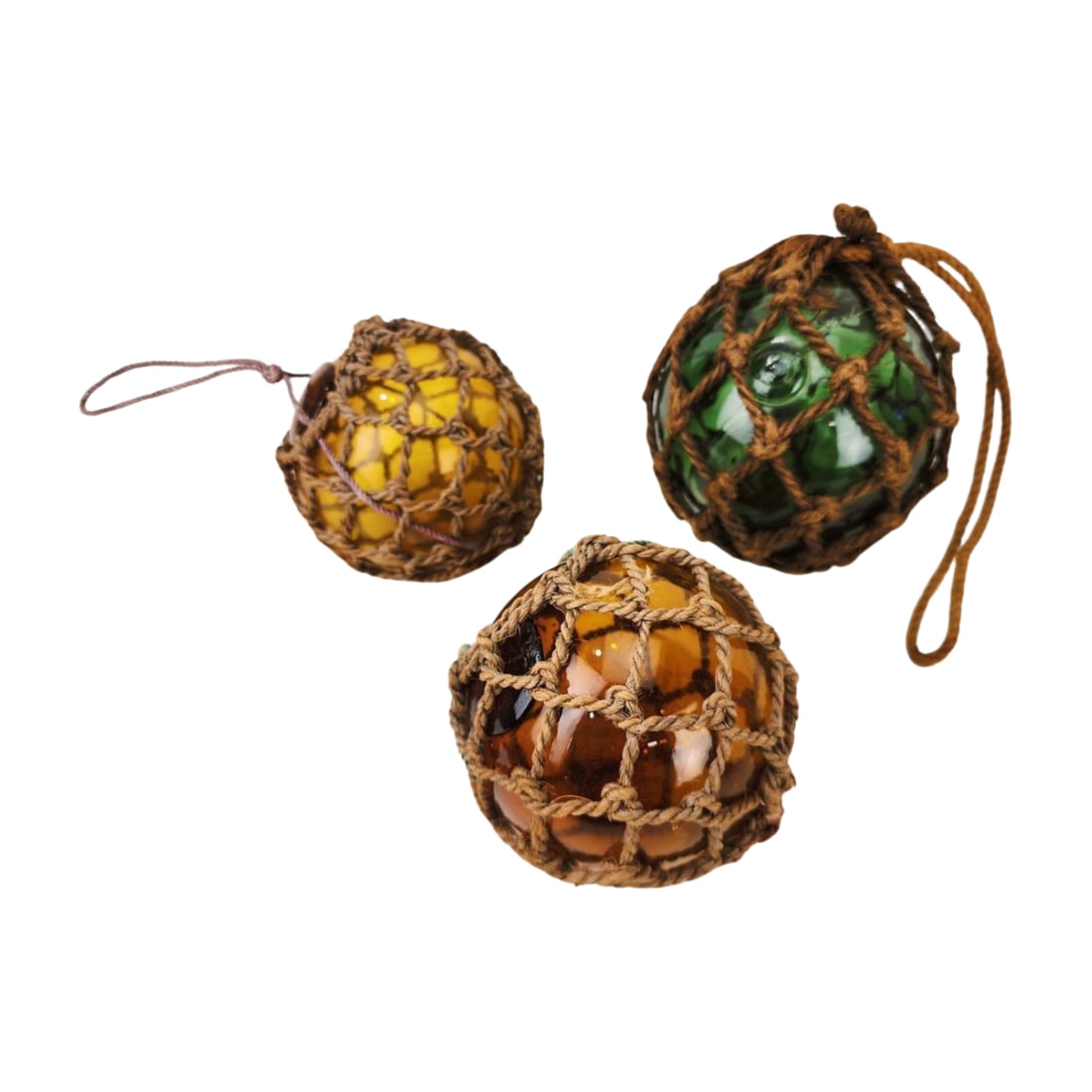 Lot of 3 Vintage Small Japanese Buoy Fishing Floats: Lot of 3 vintage glass and rope small Japanese fishing floats in various blown glass colors. Measure 5" to 6" diameter.