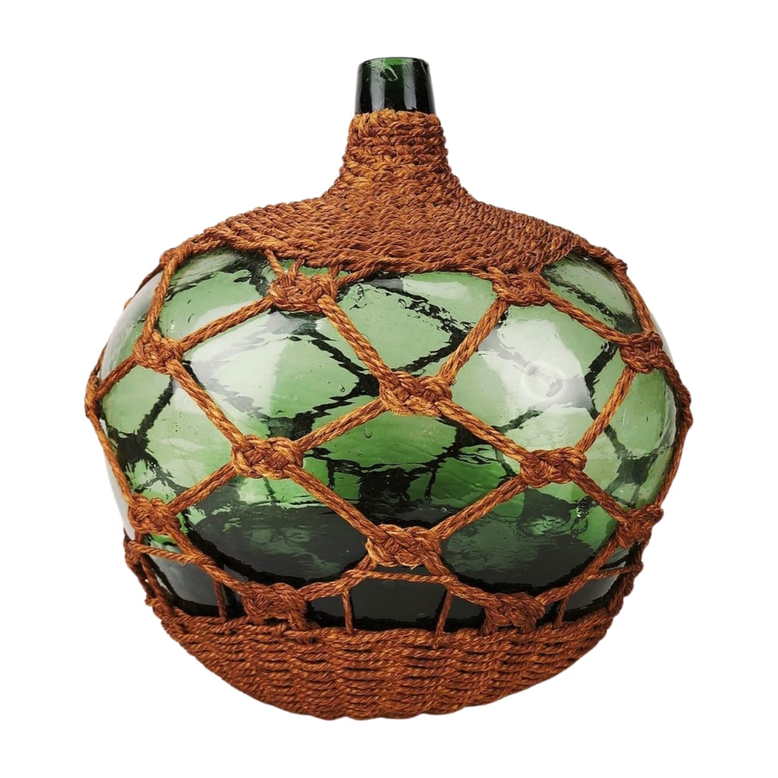 Large Sailor Ropework Antique Demijohn Bottle: Large sailors ropework covered hand blown glass bottle in green hue. Measures 16 1/2" x 11' x 16".