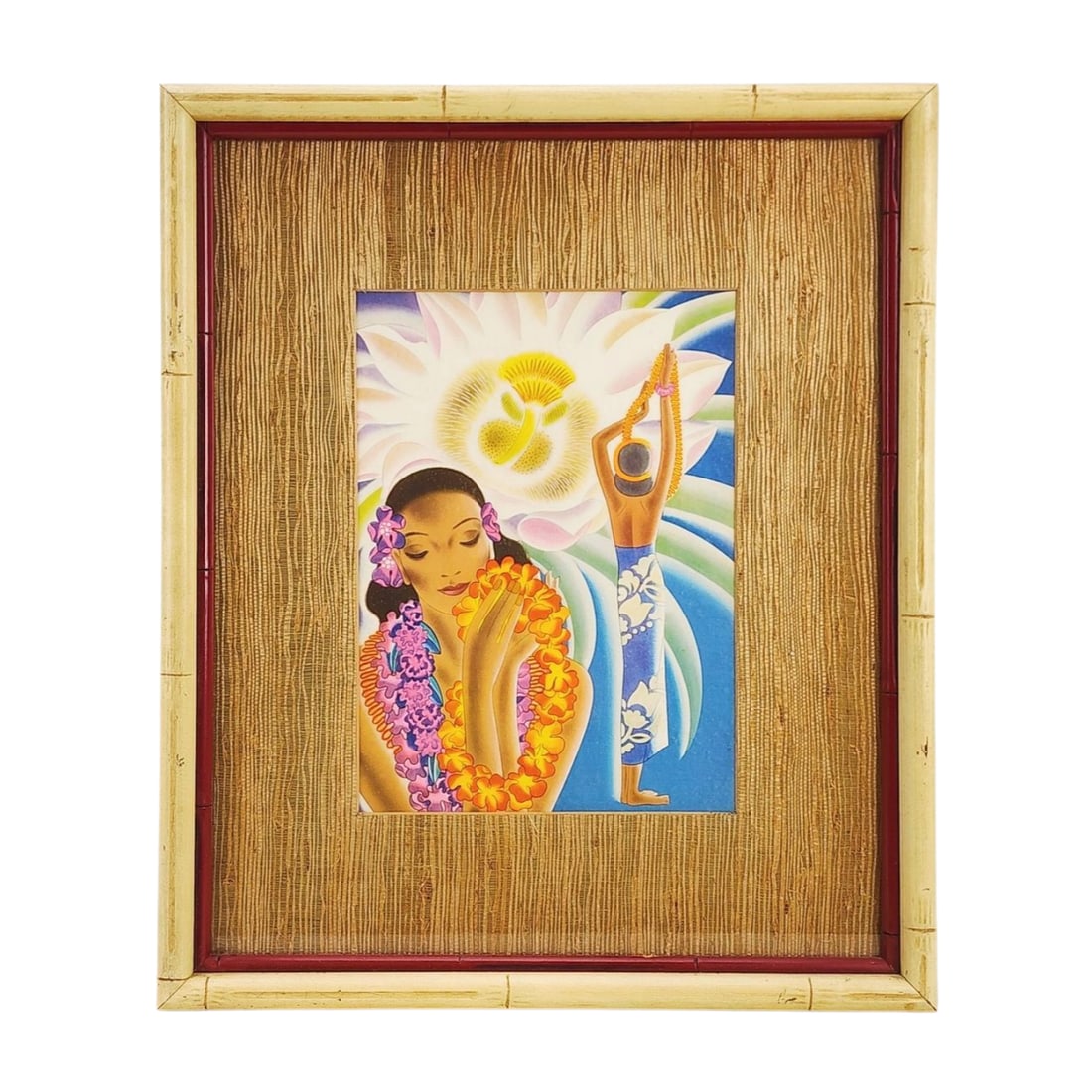 Vintage Hawaiian Cruise Ship Framed Menu 'The Offering' Frank McIntosh: "The Offering" titled artwork illustration by Frank McIntosh circa 1930's cover for the luxury Cruise Liner SS Lurline menu, framed and matted in faux bamboo frame. Measures 16 1/2" x 12 1/2" wide tot