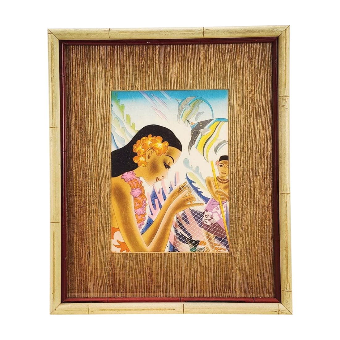 Vintage Hawaiian Cruise Ship Framed Menu 'Fishnet' Frank McIntosh: "Fish Net" titled artwork by Frank McIntosh circa 1940's cover for the Matson Cruise Line menu, framed and matted in faux bamboo frame. Measures 16 1/2" x 12 1/2" wide total with frame.