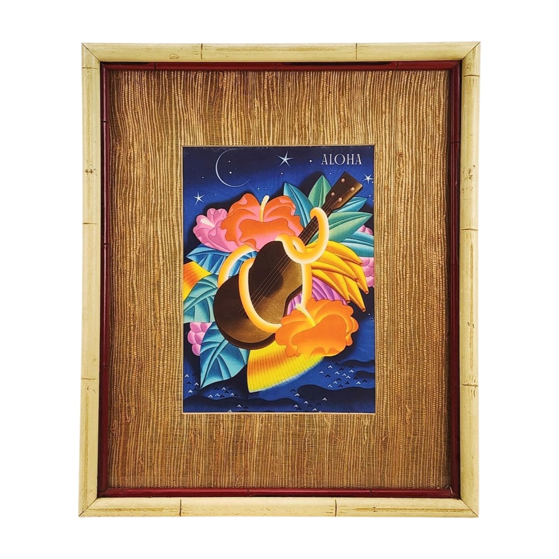 Vintage Hawaiian Cruise Ship Framed Menu 'The Essence of Aloha' Frank McIntosh: "The Essence of Aloha" titled artwork by Frank McIntosh circa 1950's cover for the luxury Cruise Matson Navigation Company menu, framed and matted in faux bamboo frame. Measures 16 1/2" x 12 1/2"