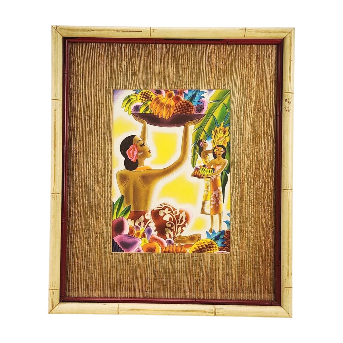 Vintage Hawaiian Cruise Ship Framed Menu 'Fruit Harvest' Frank McIntosh: "Fruit Harvest" titled artwork by Frank McIntosh circa 1930's cover for the luxury Cruise Matson Navigation Company menu, framed and matted in faux bamboo frame. Measures 16 1/2" x 12 1/2" wide total