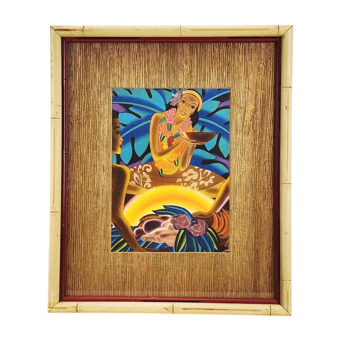 Vintage Hawaiian Cruise Ship Framed Menu 'The Luau' Frank McIntosh: "The Luau" titled artwork by Frank McIntosh circa 1930's cover for the luxury Cruise Matson Navigation Company menu, framed and matted in faux bamboo frame. Measures 16 1/2" x 12 1/2" wide total with