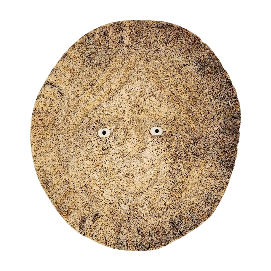 Northwest Coast Inuit Carved Fossilized Whale Bone Mask: Vintage Inuit carved fossilized Whale Bone face sculpture by unknown artist or tribe. Signed EJW on backside. Measures 7 1/4" x 7" x 1 1/2" thick.