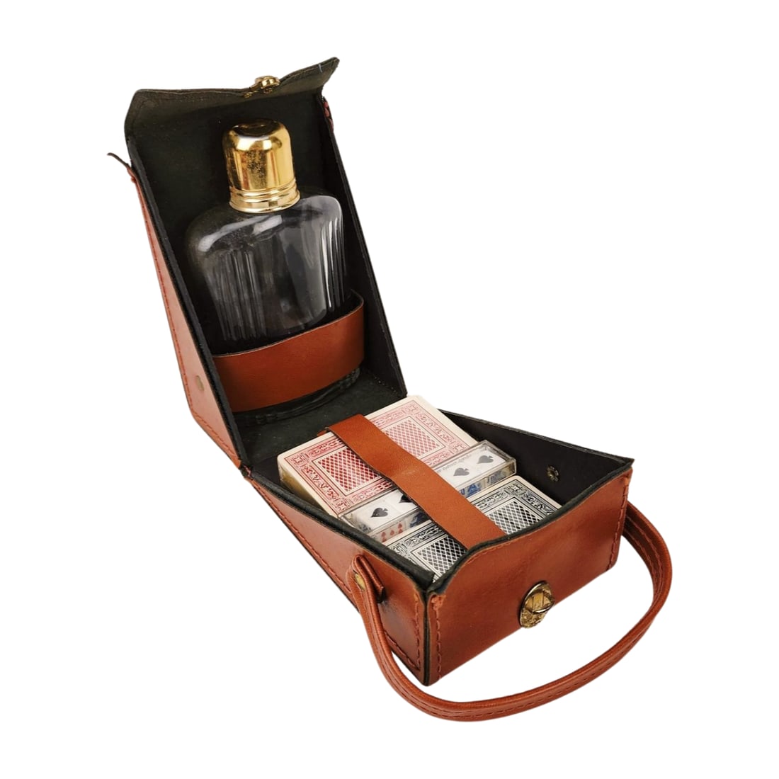 Vintage Travel Poker & Whiskey Flask Set: Vintage travel poker and dices set by unknown maker. Possibly from Japan. Includes case, bottle flask, two decks of cards and poker dice set. Measures 6 3/8" x 4 1/4" x 2 7/8".