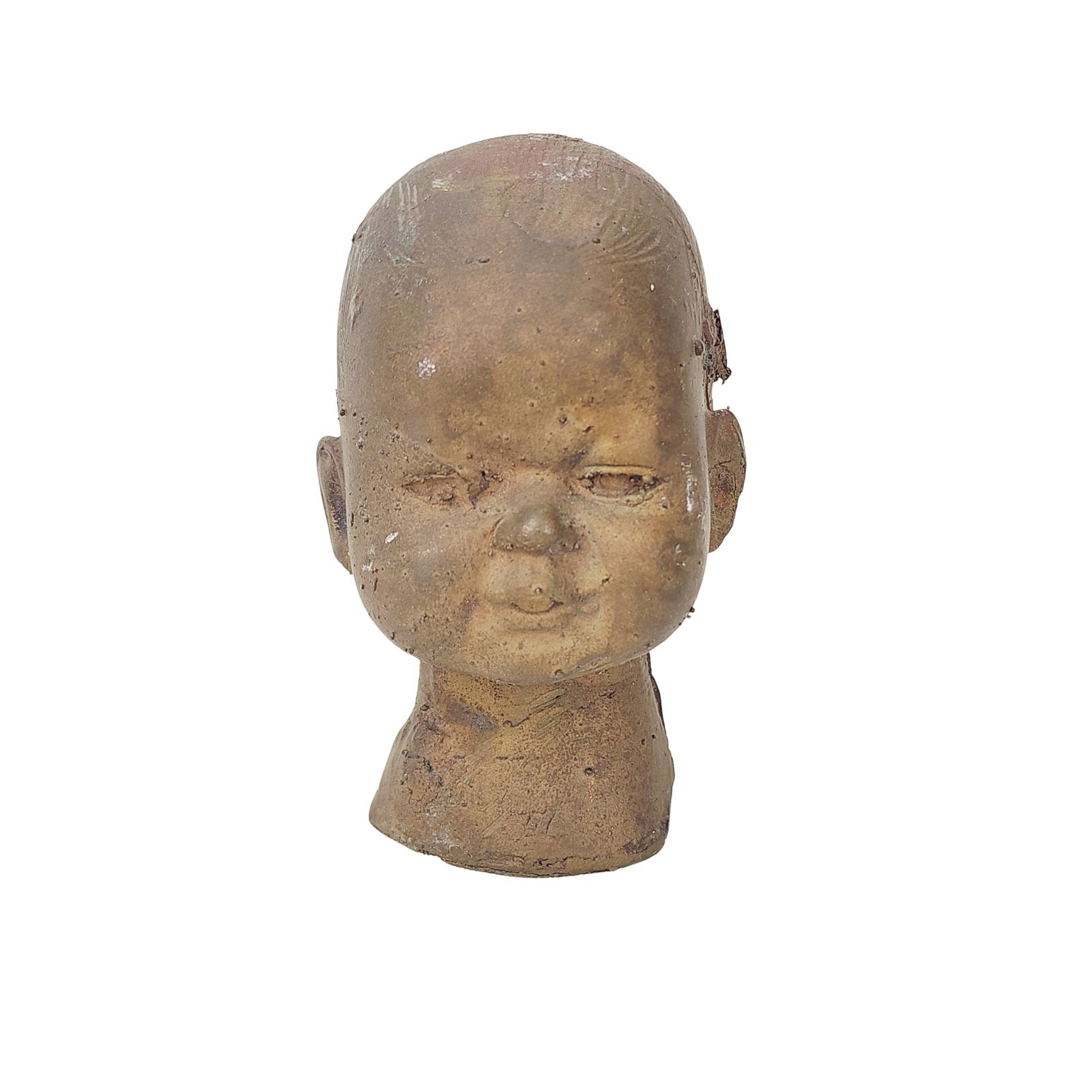 Antique Bronze Baby Doll Head Toy Mold: Antique industrial solid bronze baby doll head toy factory mold from industrial manufacturing company circa turn of the century. Measures 4" x 2" x 2 1/2".