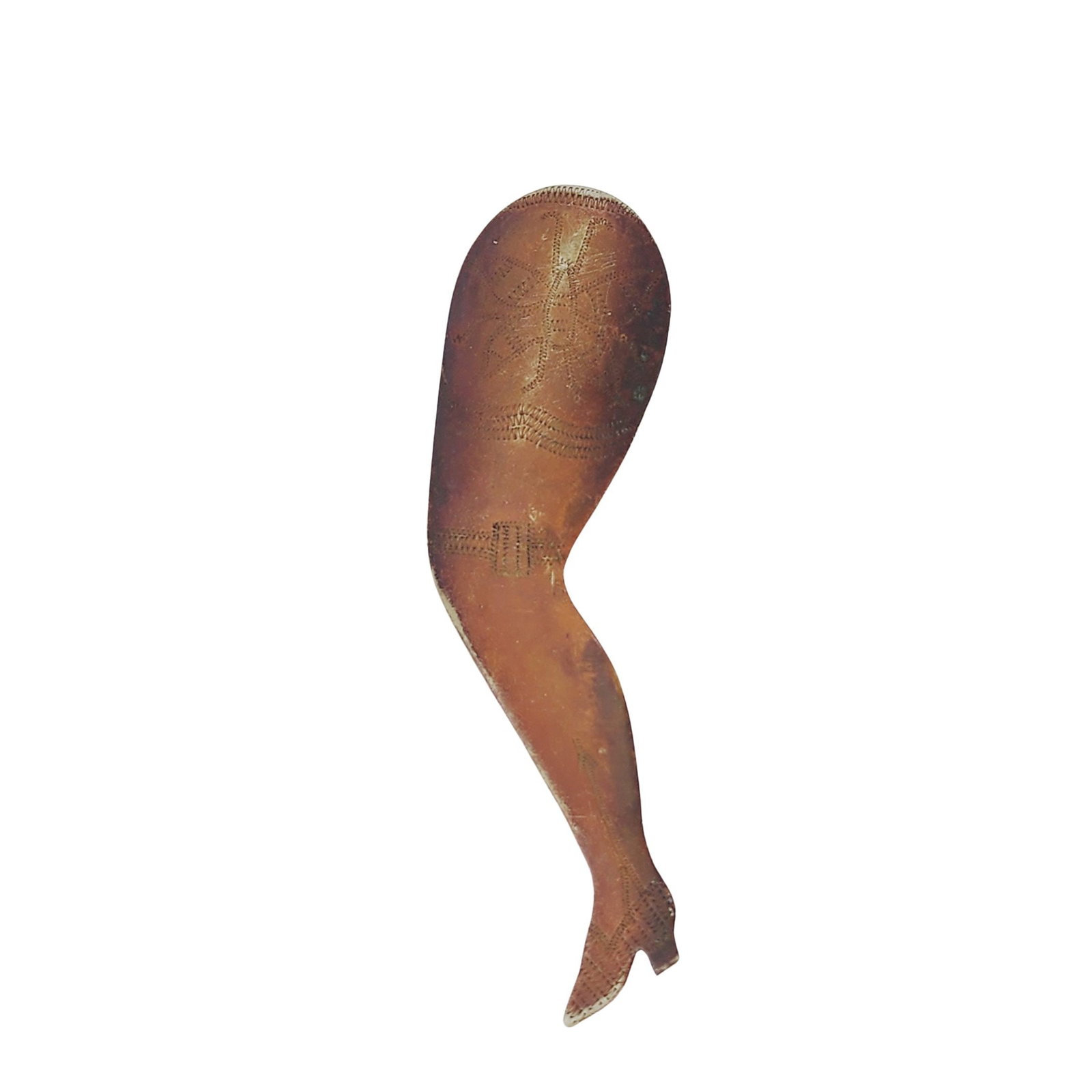 1920s Risque Lady Leg Shoe Horn: Antique 1920's copper finish metal leg shape risque shoe horn with incised butterfly decorated pattern stocking. Measures 5 1/2" x 1 1/2".