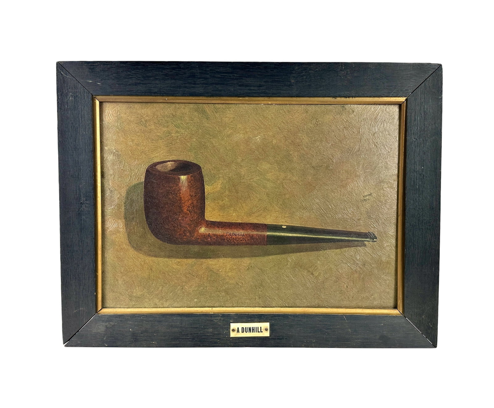 1930's Dunhill Pipe Advertising Sign: Original Alfred Dunhill framed pipe advertisement. Textured print on board that looks like a painting until closer inspection. Applied name plate in celluloid, A. Dunhill. This would have been
