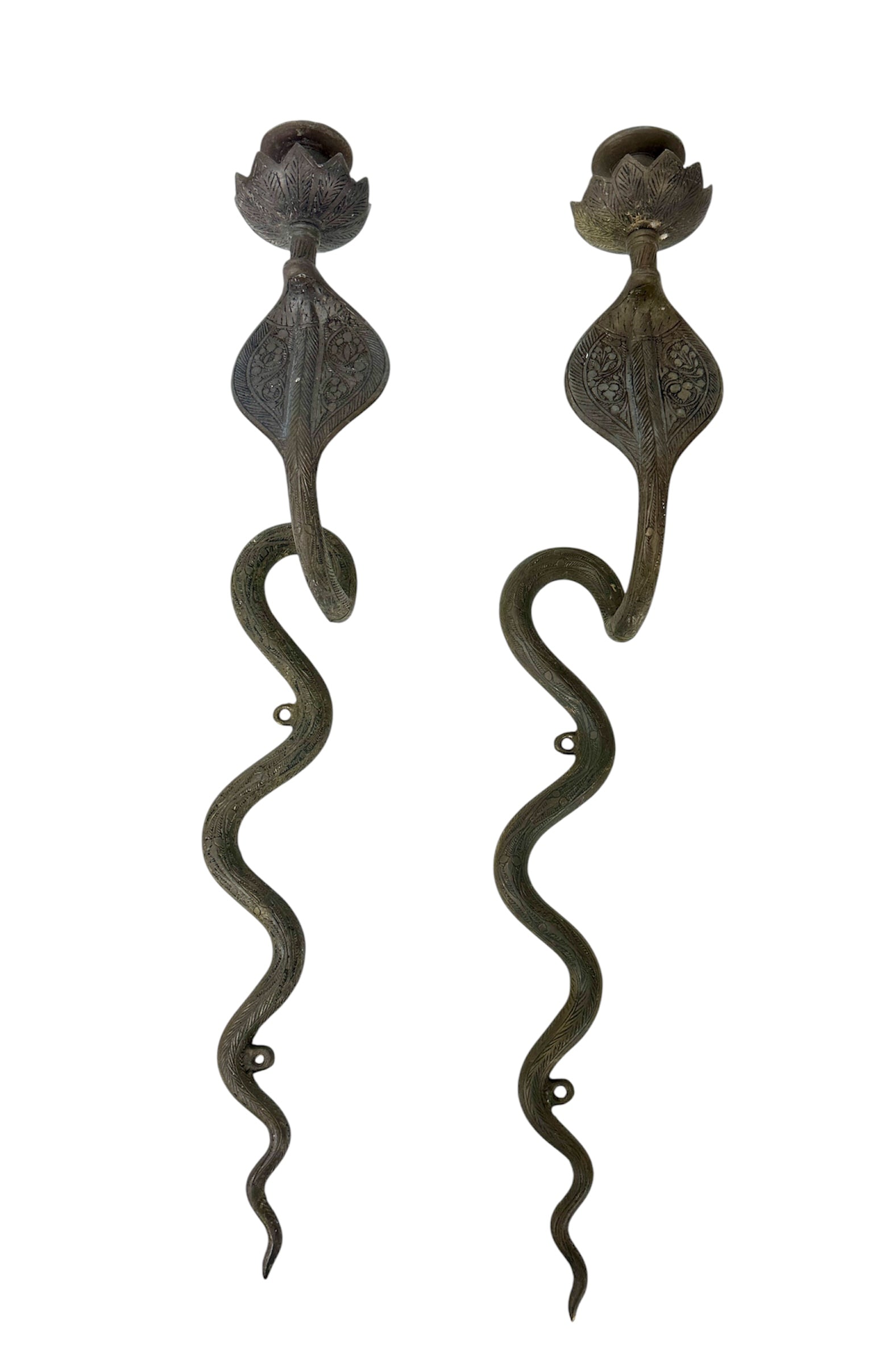 Vintage Anglo Indian Brass Cobra Snake Sconces: Old brass snake candle sconces with engraved decoration. Measures 21"t x 4"w x 4.25"d.