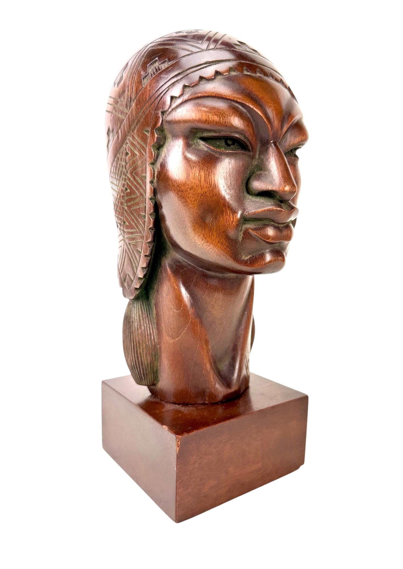 Art Deco Inca Warrior Carved Wood Sculpture A. Saravia: Finely carved Peruvian wood bust signed A. Saravia. Features Inca warrior with traditional headdress. Measures 11"t x 4"w x 4"d.