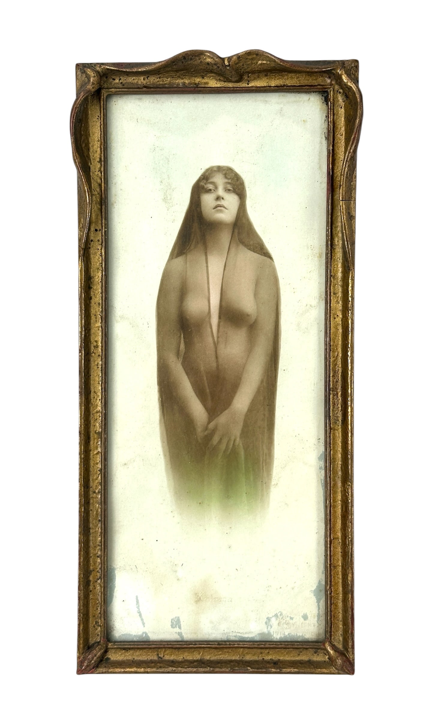 1914 Silver Gelatin Nude Photograph "Kaloma" Josephine Earp: Original toned silver gelatin print published by Pastime Novelty Co., 1914. Blind stamped "Kaloma" bottom center. Said to be Josephine Earp, wife of Wyatt Earp. Original art nouveau gilt frame. Measur