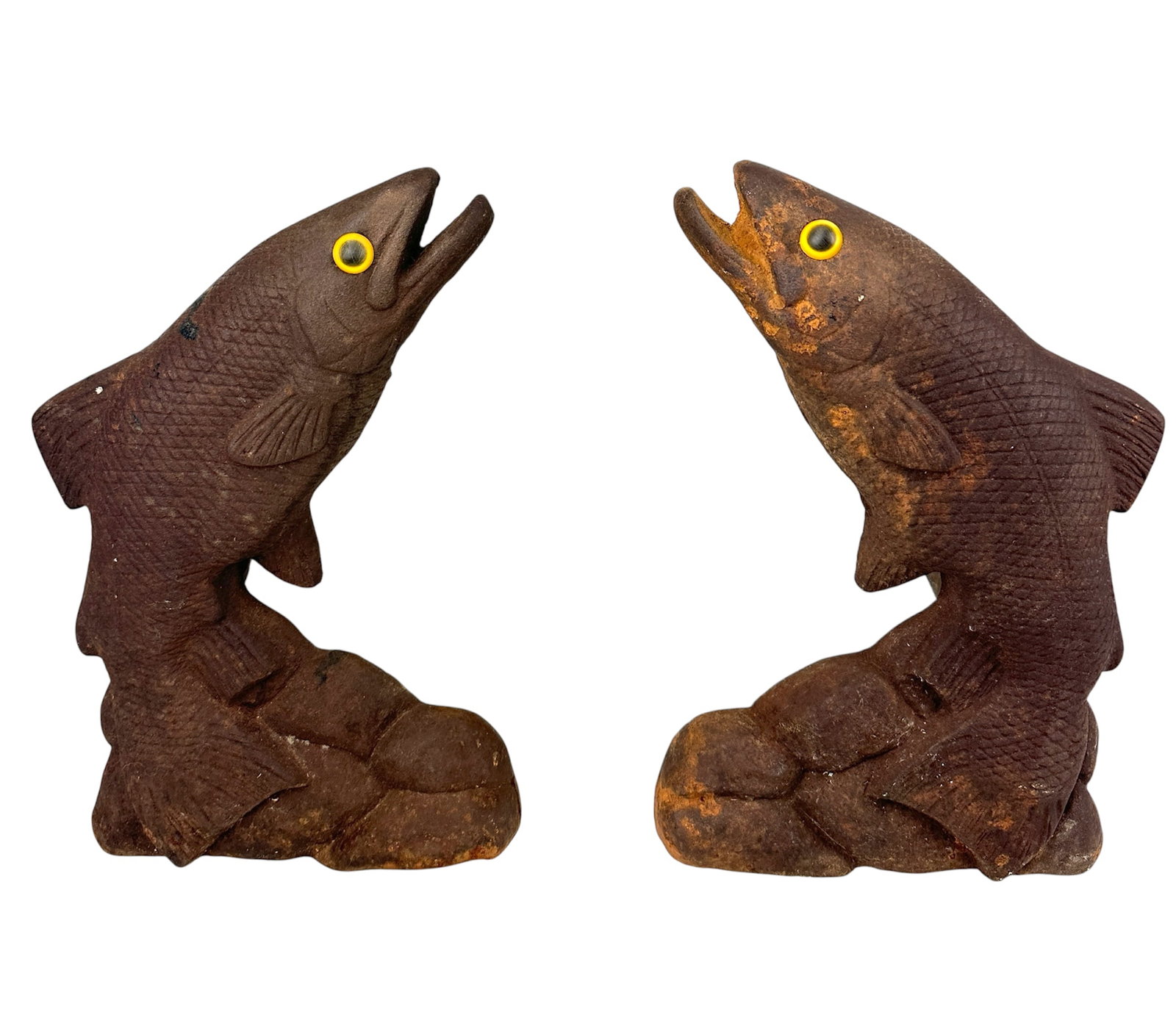 Vintage Cast Iron Trout Fish Andirons: Old cat iron leaping trout fireplace andirons. 12"t x 15"d x 7.75"w