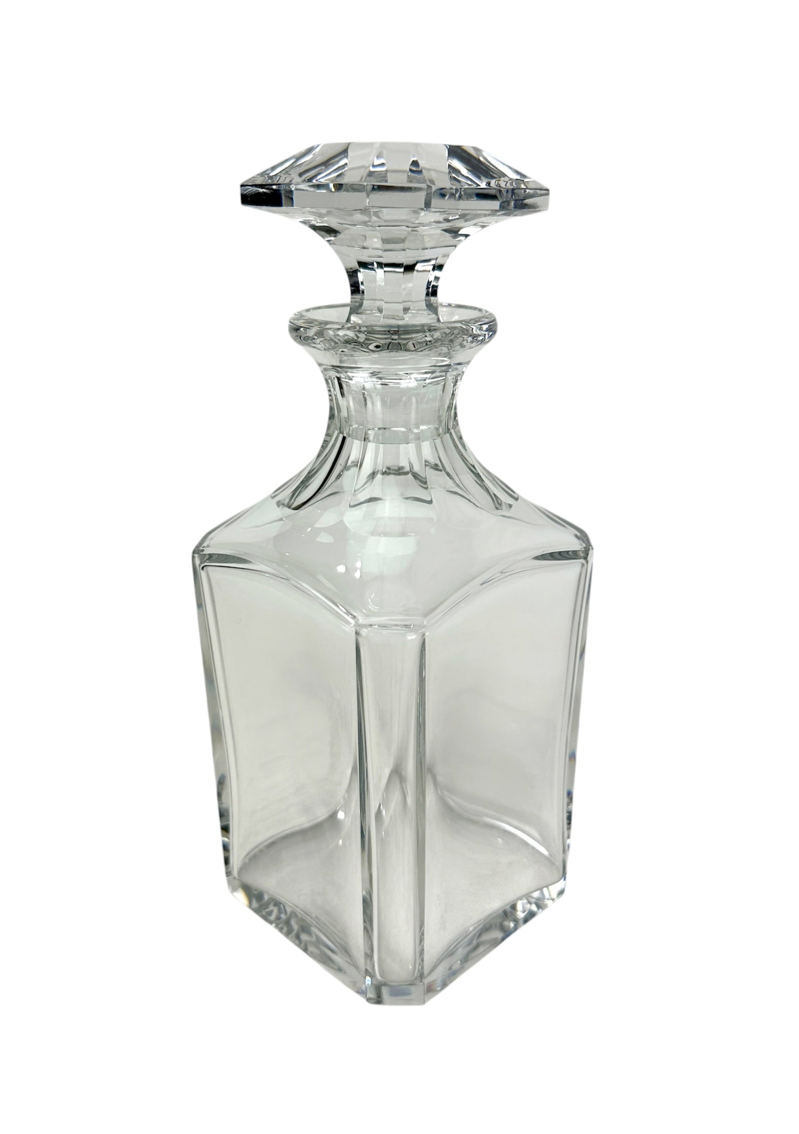Baccarat Crystal Whiskey Decanter: Beautiful Baccarat faceted whiskey decanter. Acid etched signature, like new. Measures 9.5"t x 4"d x 4"w.
