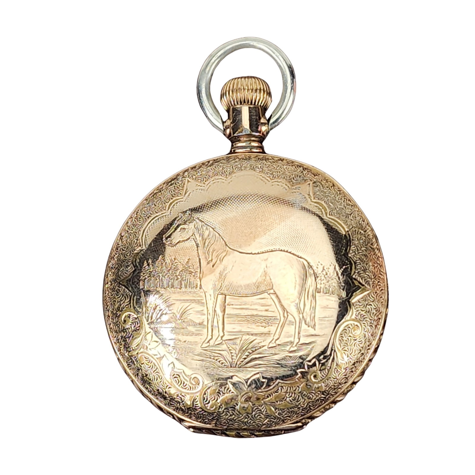 Antique ELGIN Victory Horse Racing Pocket Watch: Antique rose gold plated Victory horse race pocket watch made by ELGIN with Roman numeral dial. Measures about 2 1/4" x 3 1/4".
