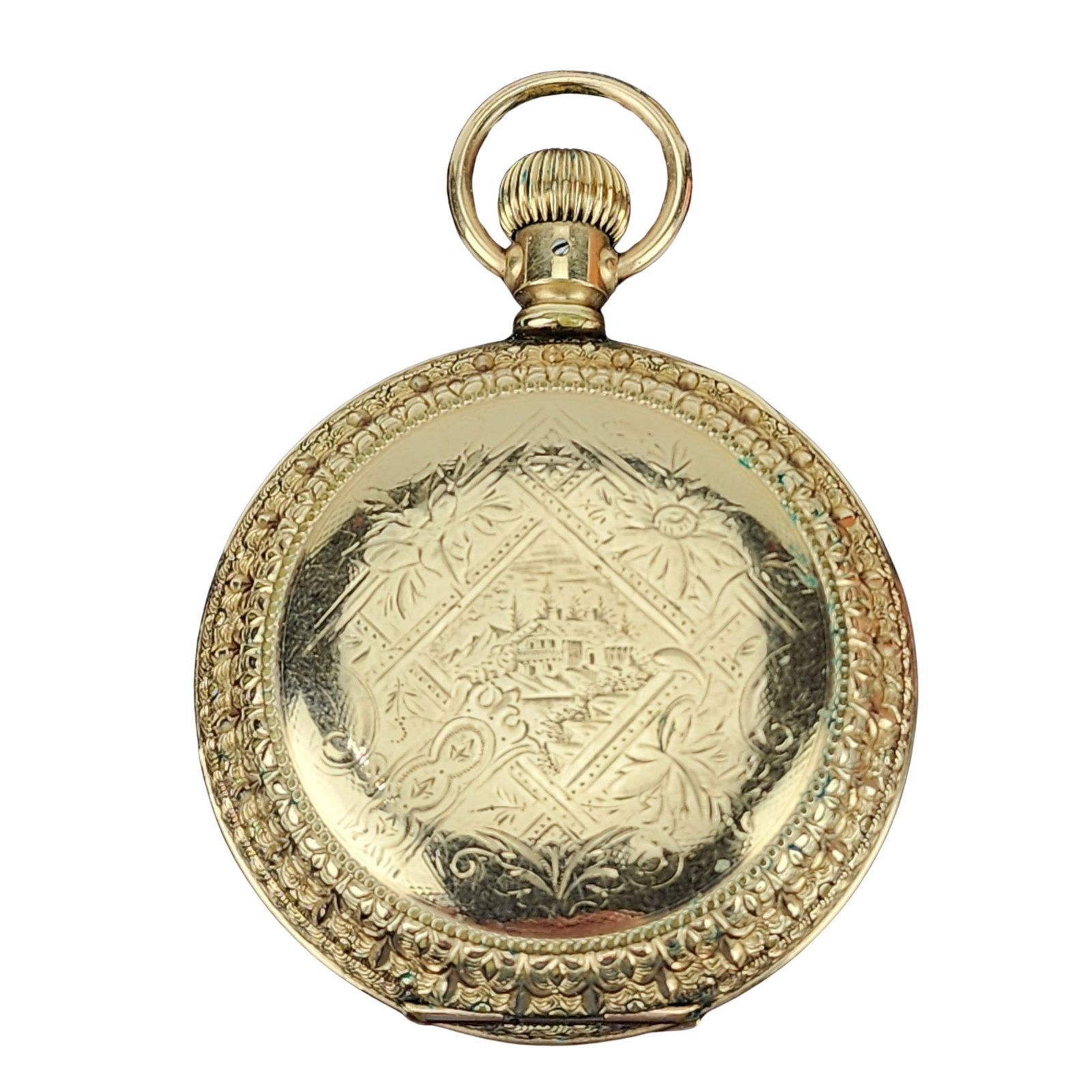 Antique ELGIN B & B Royal Cabin Landscape Pocket Watch: Antique Gold plated Elgin B & B Royal pocket watch with Cabin landscape scene on case. Measures 2 1/4" x 3 1/8".