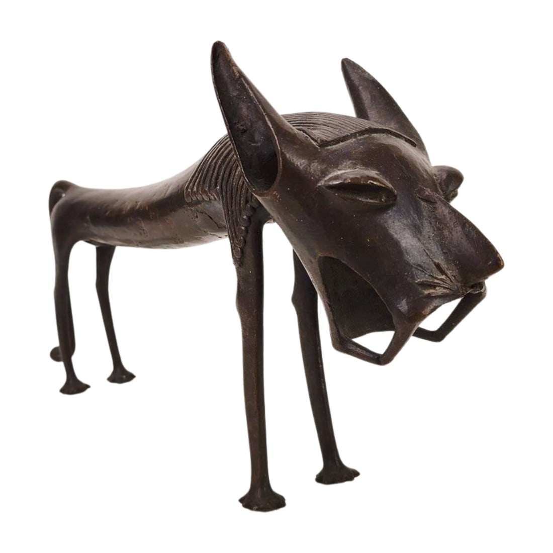 African Benin Tribal Bronze Leopard Sculpture: Vintage African Tribal Benin bronze sculpture of a Leopard, signed Peter Mangi on inside of leg. Measures 9 3/4" x 17 1/2" x 4 1/2'.
