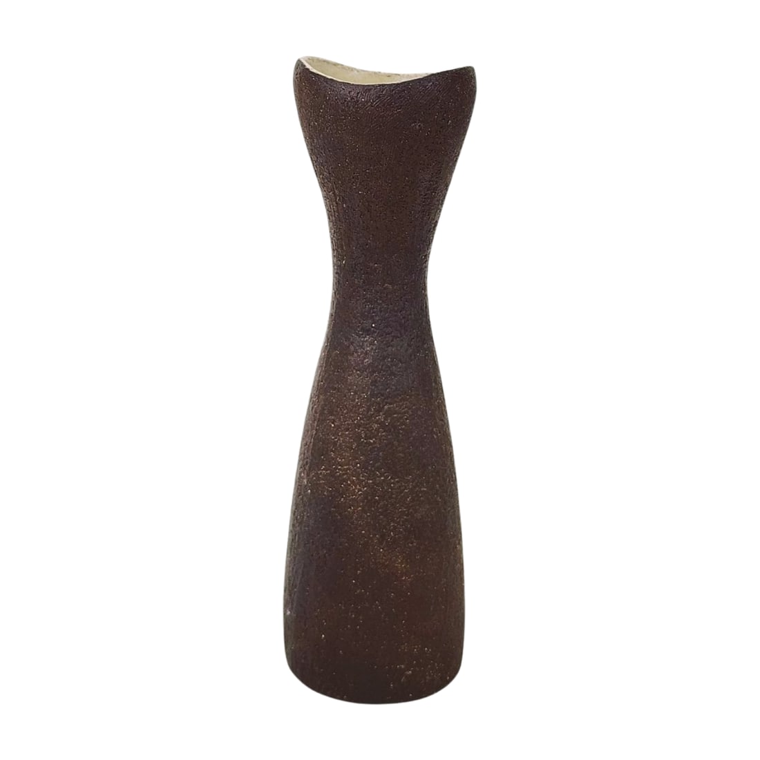 Norwegian Mid Century Art Pottery Vase: Signed KRF Norway, Brown textured glaze mid century art pottery vase. Measures 12 5/8" x 4" with 3" opening.