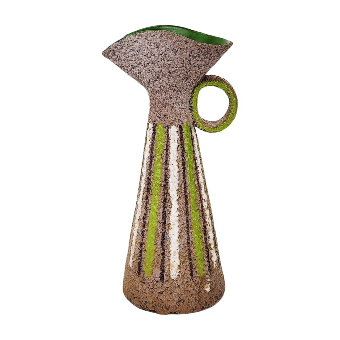 Aldo Londi for Bitossi Volcanic Glaze Art Pottery Pitcher: Mid century modern Bitossi textured glaze striped art pottery pitcher, Italy on bottom. Measures 12" x 6" x 4 3/4".