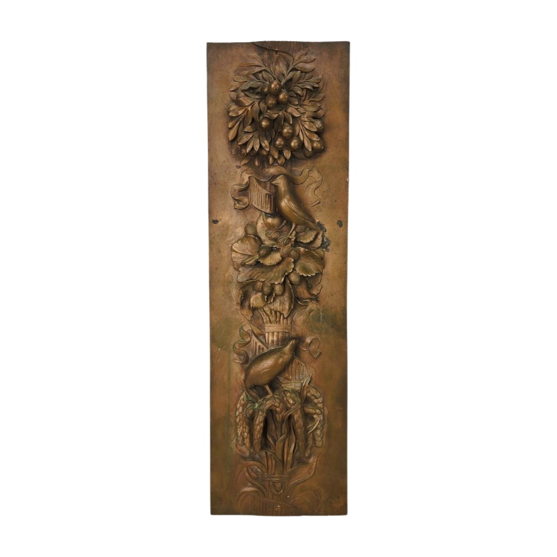 Antique Bronze Relief Bird Panel Sculpture: Antique bronze bird panel with by unknown maker or artist. Appears to have some age. Measures 22 1/4" x 6 3/4" x 1 1/4.