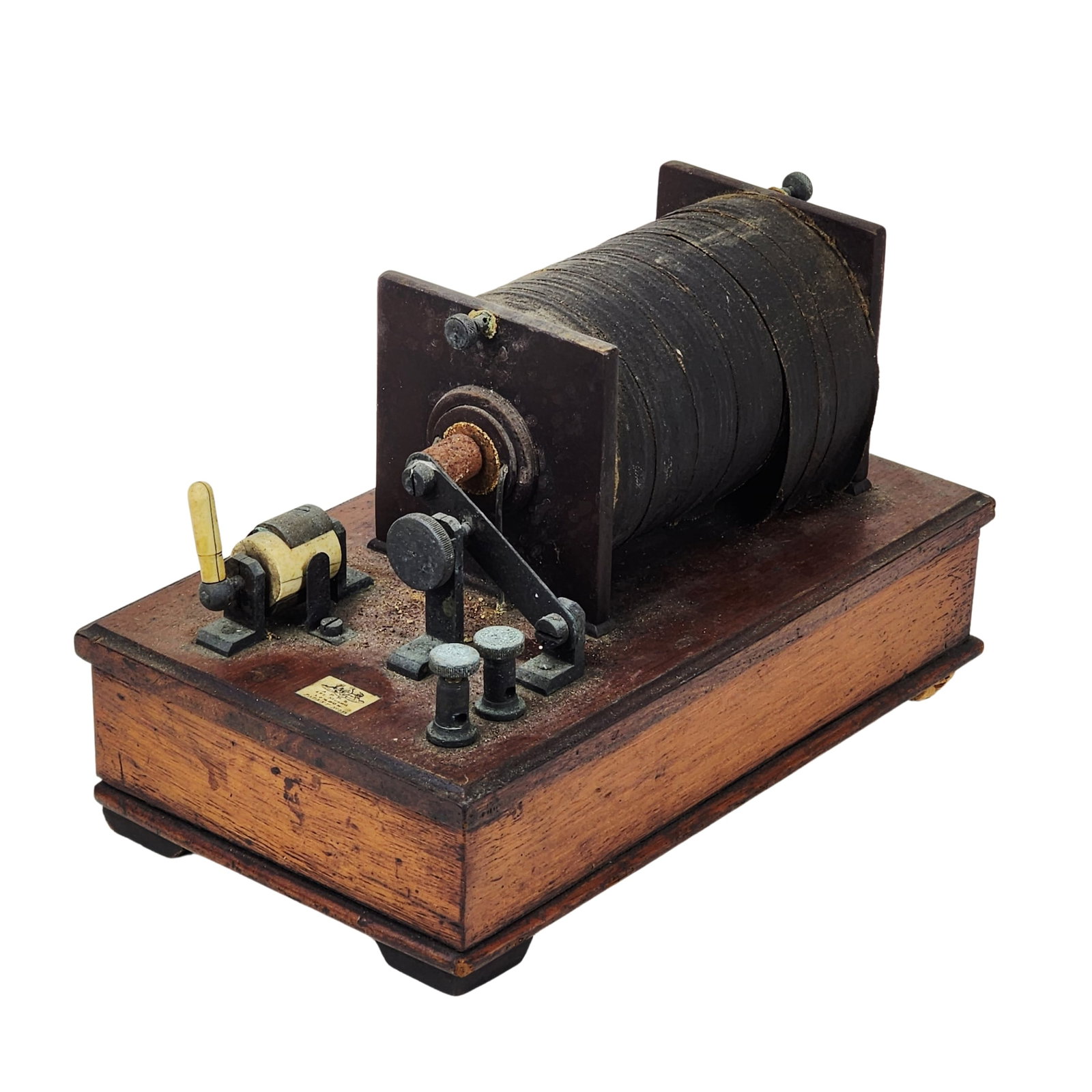 Victorian Ruhmkorff Induction Coil by Alfred Apps, London: Antique 19th century induction coil marked APPS London on base with bone handles. Measures 6" x 9 1/2" x 5 1/2".